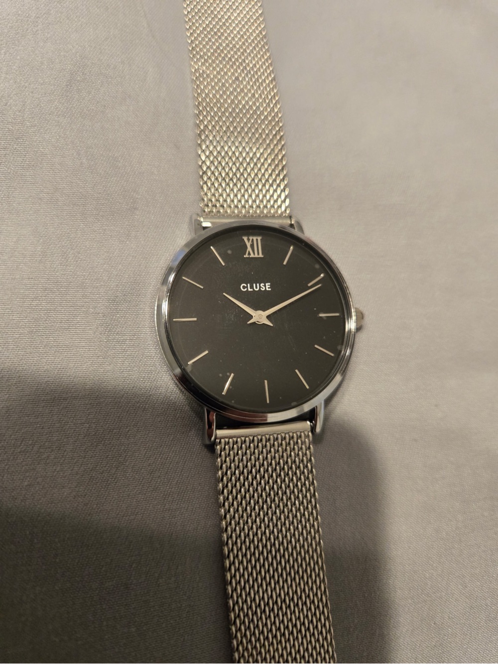 Cluse Women's Silver Mesh Watch with Black Dial